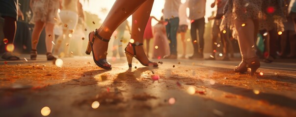A photo of a lively dance floor at a summer beach party, with close-up on dancing feet and sandy floor, in a dynamic, --ar 5:2 Job ID: b992cdcf-4ff2-4a3f-8471-17089bd0e7cd - obrazy, fototapety, plakaty