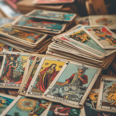 image of a tarot reader's table, deck of tarot cards, prediction of the future, layout, exciting question. AI generated - obrazy, fototapety, plakaty