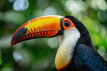 Naklejka premium A toucan bird is perched on a branch, showing its vibrant plumage and unique beak in close detail