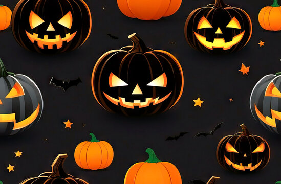 Cute seamless Halloween pattern with pumpkins on a black background