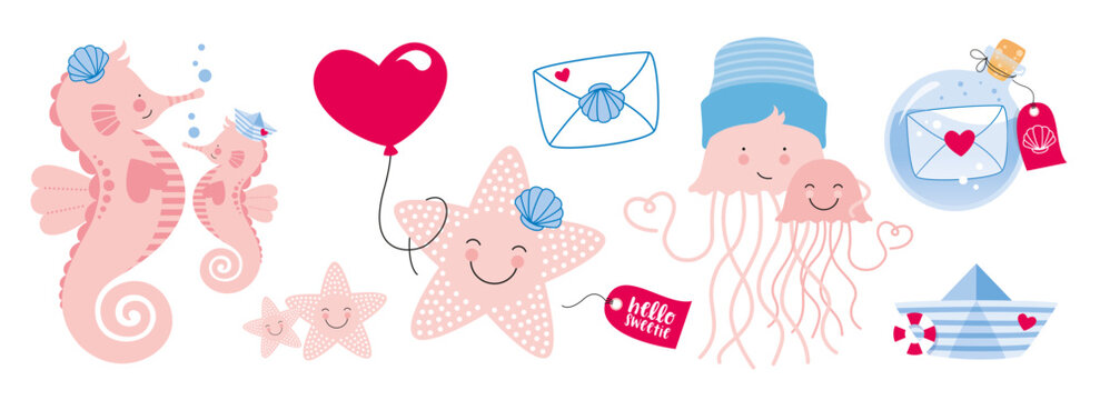 Seepferdchen Qualle Seestern Flaschenpost Illustrationen