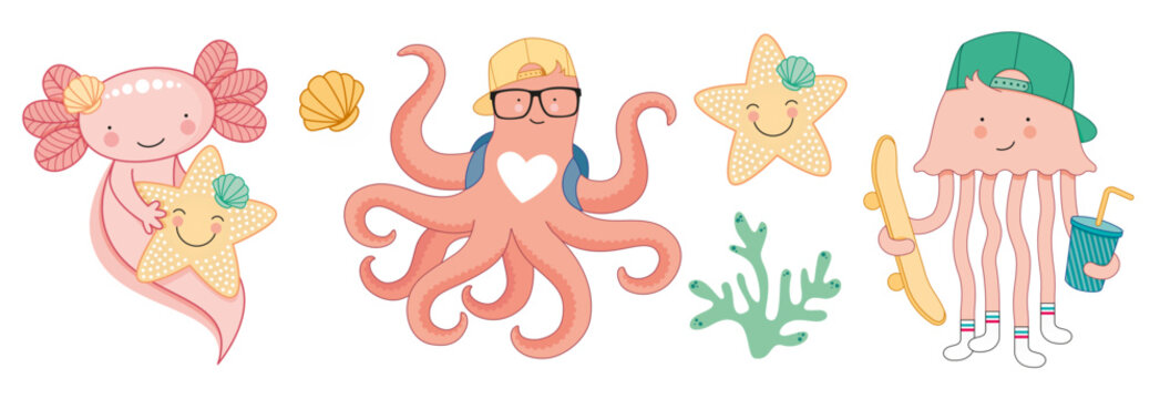 Axolotl Oktopus Seestern Qualle Illustrationen