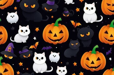Cute seamless pattern with Halloween theme. Funny pumpkin, white cat and hat. black and orange colors, children's print for party decoration. Textile decor, wrapping paper, wallpaper design