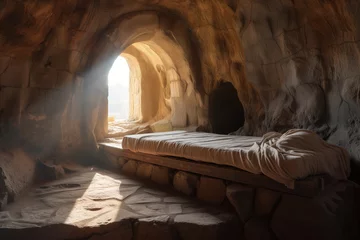 Fotobehang Empty tomb cave symbolizes Christ's resurrection AI Generative © ungvar
