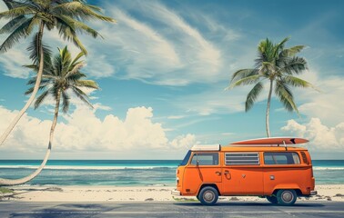 An orange van parked on the beach with a surfboard placed on top of it, ready for a day of surfing