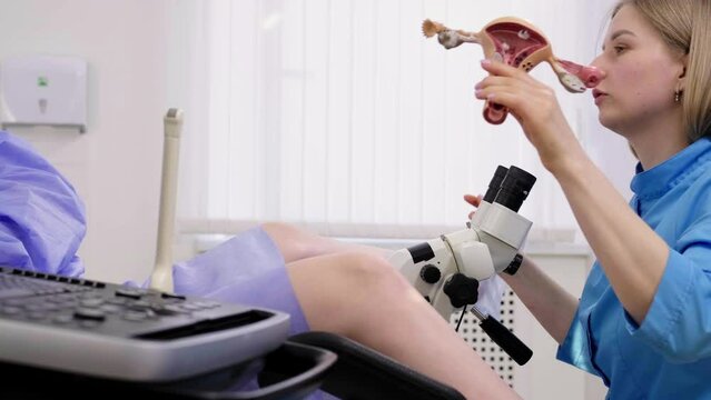 Gynecological office in the clinic. A gynecologist uses a colposcope to examine a patient. A woman lies on a gynecological chair during a colposcopy. Preparing for pregnancy. Modern hospital.