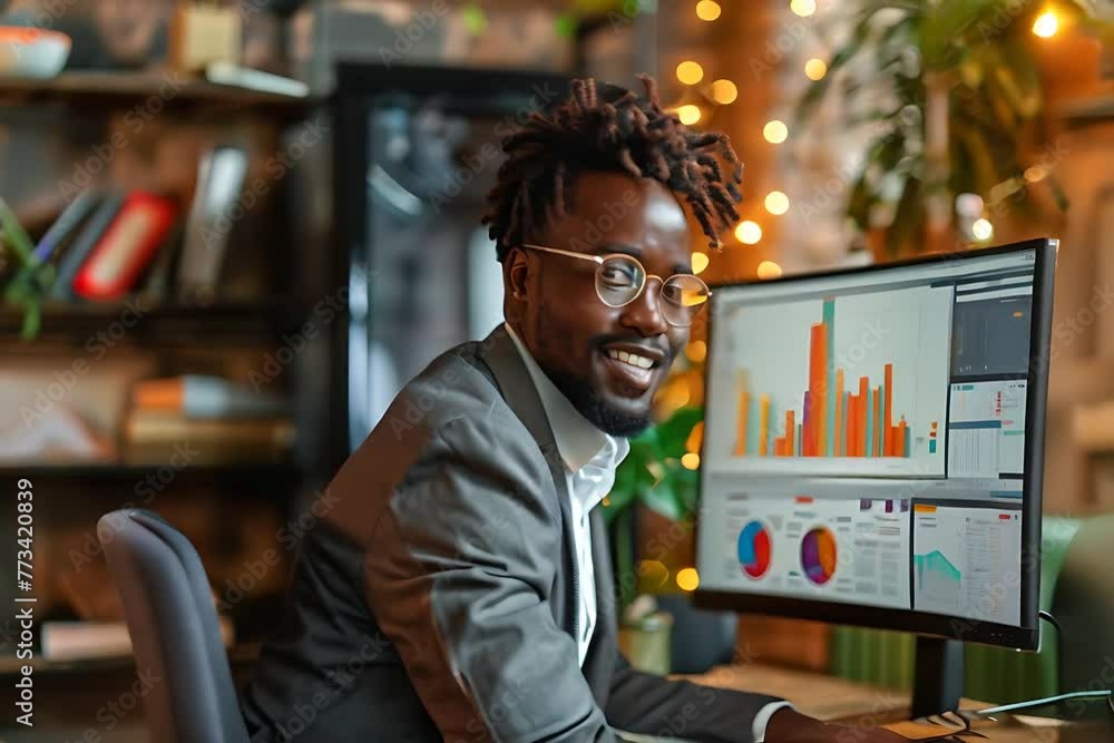 Poster a man is seated at a desk, focusing on a computer screen in front of him. he appears to be engaged i
