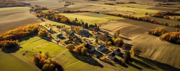 Foto op Canvas Aerial view of autumn landscape with farmhouses © Michal