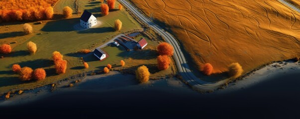 Aerial view of autumn landscape with farmhouses