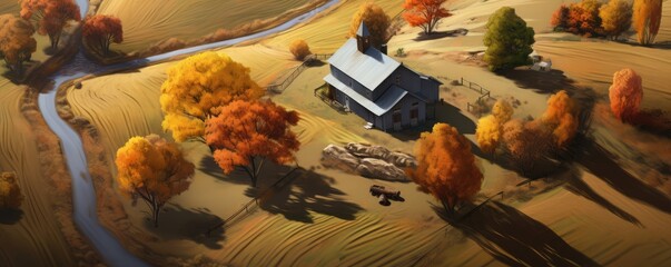 Aerial view of autumn landscape with farmhouses - obrazy, fototapety, plakaty