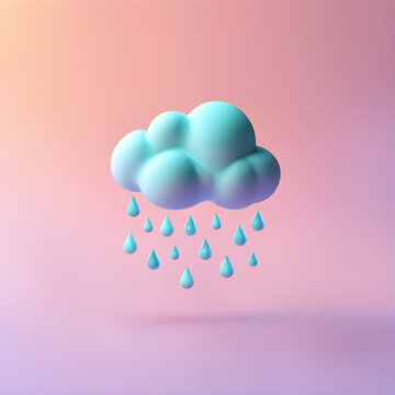 Cute 3D cloud and rain icon in a cartoon clay style and soft pastel colors