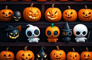 Decor background, wrapping paper, Halloween wallpaper design. Cute pumpkins and cute ghosts on black background