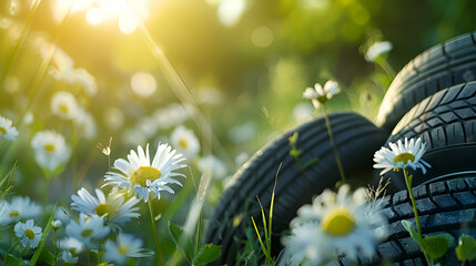 field of daisies with summer tyres - obrazy, fototapety, plakaty