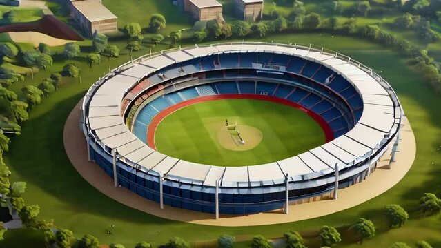 Aerial view of round sports arena with multi level stands. Arc shot of empty stadium for international cricket competitions.