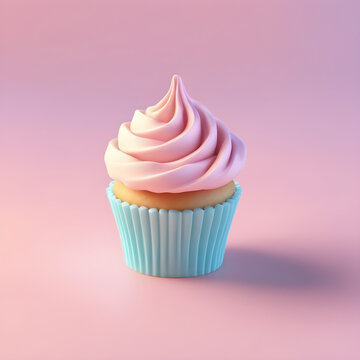 Cute 3D cupcake icon in a cartoon clay style and soft pastel colors