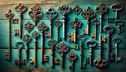 Collection of Vintage Keys on Turquoise Wooden Background