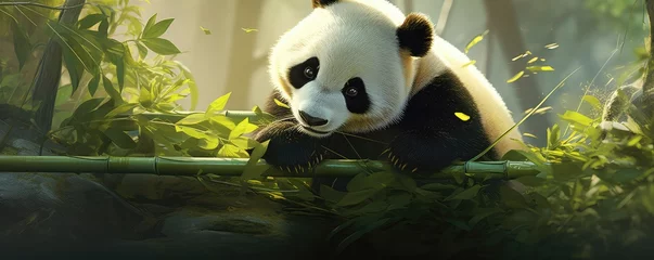 Foto op Plexiglas A panda bear is laying on a tree branch in a lush green forest © Michal