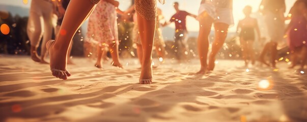 A photo of a lively dance floor at a summer beach party, with close-up on dancing feet and sandy floor, in a dynamic, --ar 5:2 Job ID: 711aff3f-9d18-48f9-bfd9-e6d8caf7deb3 - obrazy, fototapety, plakaty