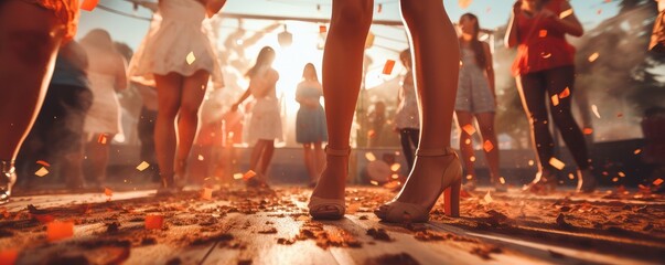 A photo of a lively dance floor at a summer beach party, with close-up on dancing feet and sandy floor, in a dynamic, --ar 5:2 Job ID: 25ddd2d7-4ded-4452-9c3c-90d1b4b4d081 - obrazy, fototapety, plakaty