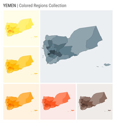 Yemen map collection. Country shape with colored regions. Blue Grey, Yellow, Amber, Orange, Deep Orange, Brown color palettes. Border of Yemen with provinces for your infographic. Vector illustration.