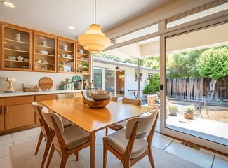 mid-century modern dining room with table and chairs, light wood cabinets, white walls, large windows looking out to backyard fence, stock photo, wide angle lens - obrazy, fototapety, plakaty