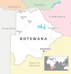 Botswana Political Map with capital Gaborone, most important cities with national borders
