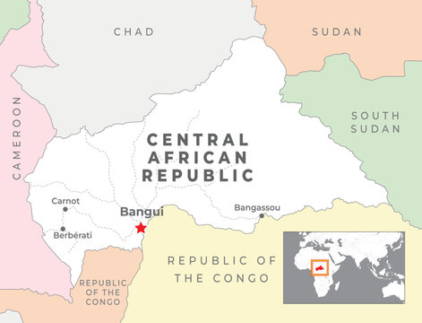 Central African Republic Political Map with capital Bangui, most important cities with national borders