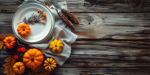 Thanksgiving table setting with autumn decor cutlery napkin pumpkins on wooden table. Concept Autumn Table Decor, Thanksgiving Setup, Wooden Table Display, Festive Cutlery, Seasonal Napkins - Powered by Adobe