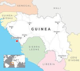 Guinea Political Map with capital Conakry, most important cities with national borders