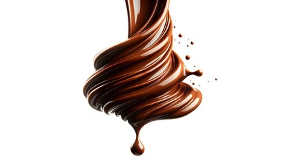 Swirling Chocolate Flow with Droplets on White