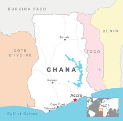 Fototapeta premium Ghana Political Map with capital Accra, most important cities with national borders