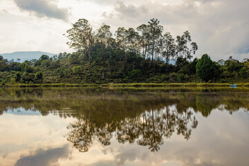 Closer view of a  forest on a hill in the eastern Andean mountains of central Colombia reflected in the calm water of a lagoon, at sunset.