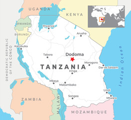 Tanzania Political Map with capital Dodoma, most important cities with national borders