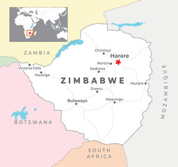 Obraz premium Zimbabwe Political Map with capital Harare, most important cities with national borders