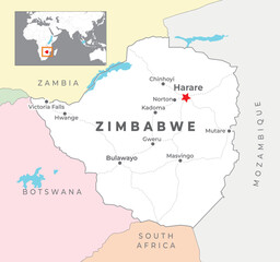 Zimbabwe Political Map with capital Harare, most important cities with national borders