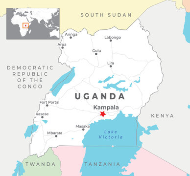 Uganda Political Map with capital Kampala, most important cities with national borders
