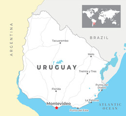 Uruguay Political Map with capital Montevideo, most important cities with national borders