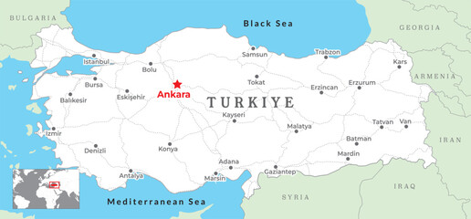 Turkey Political Map with capital Ankara, most important cities with national borders