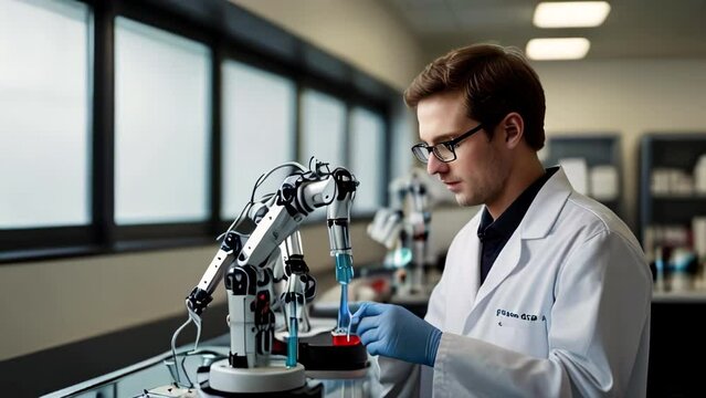 Scientist creates innovative medicine in laboratory. Laboratory technician using robotic machine checks quality of test sample.