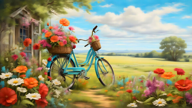 Beautiful spring summer natural landscape with a bicycle on a flowering meadow against a blue sky with clouds on a bright sunny day and copy space area, abstract, digital painting