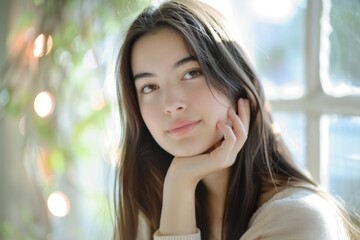 Obraz premium A young woman strikes a pose in front of a window, exuding grace and elegance in this soft and contemplative portrait