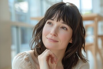 A close-up of a woman with shoulder-length dark brown hair sitting at a table, deep in thought or concentration