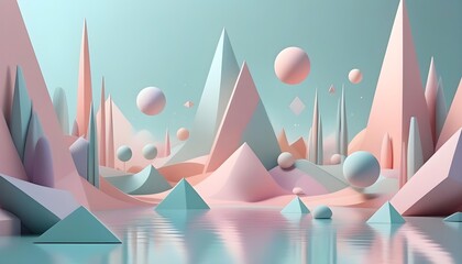 Surreal pastel landscape with geometric shapes, reflective water, and floating spheres in a dreamy...