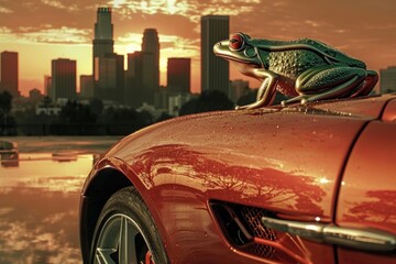 A frog is sitting on the hood of a red car