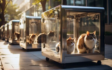A group of cats lounging inside a metallic enclosure