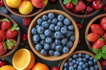 A bowl of fresh fruits, including grapes and blueberries, surrounded by other fruit in wooden bowls.