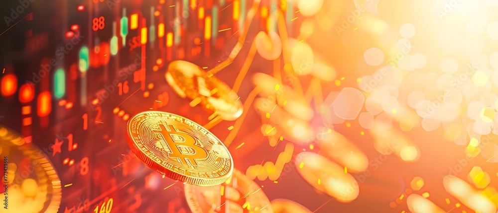 Poster bitcoin cryptocurrency stock trading background concept. golden bitcoin over stack of gold coins wit