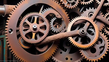 Complex interlocking metal gears and cogs, symbolizing machinery, industrial processes, or teamwork.