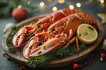 A red lobster on an oval wooden plate with lemon and mayonnaise, surrounded by Christmas decorations. - obrazy, fototapety, plakaty