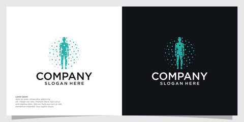 Human molecular structure. Abstract silhouette man with green circle dotted logo vector